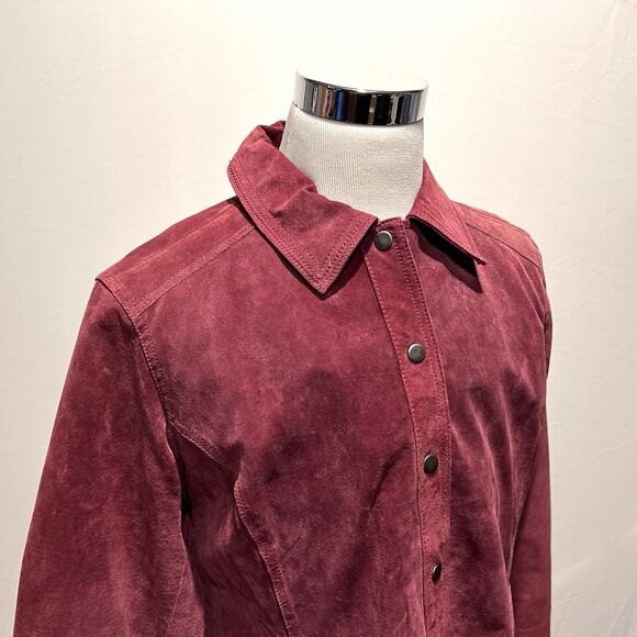 Chicos Size 3 100% Leather Coat Metal Snap Front Red Maroon - Picture 1 of 5